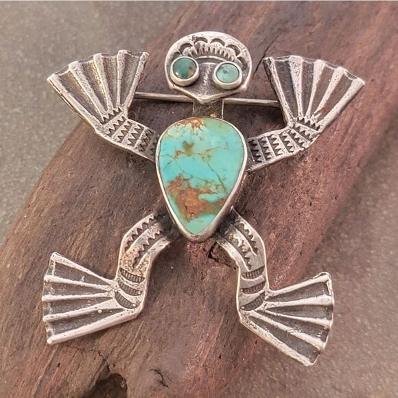 Sterling Vintage Navajo Turquoise Frog Pendant Brooh Pin - Picture 3 of 7